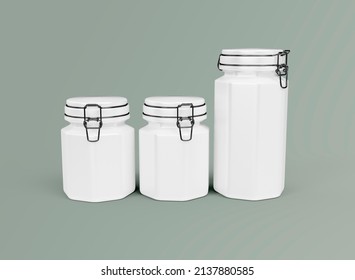 Front View of Hexagonal Jars on Green Background Mockup. Isolated. Cut Out. 3d rendernig