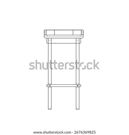 Front view of high bar stool, 38x37x77 cm, simple line sketch showing minimal structure and proportion.