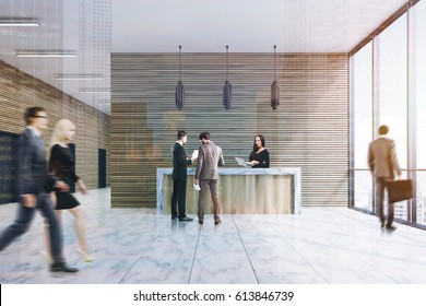 Front View Of A Ligth Wood Reception Counter Standing In An Office Lobby With Marble Floor And Armchairs. There Are People In It. 3d Rendering. Double Exposure