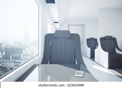 Front View Of Luxury Train Seat Next To Window With City View And Smartphone On Table. Travel Concept. 3D Rendering