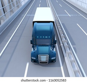 Front View Of Metallic Blue Fuel Cell Powered American Truck Driving On Highway. 3D Rendering Image.