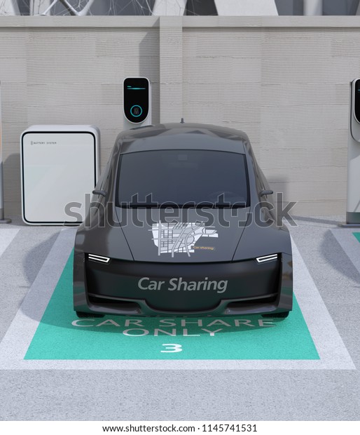 Front view of metallic gray\
electric car in parking lot. Car sharing concept. 3D rendering\
image.