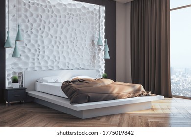 Front View Of Minimalistic Bedroom Interior With Blank Abstract Wall, Furniture And Decorative Items. Art And Design Concept. Mock Up, 3D Rendering