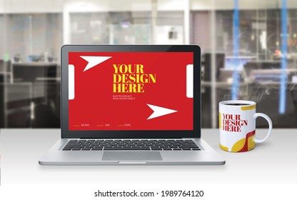 Front View Of Mockup Laptop Computer, Coffee Cup 