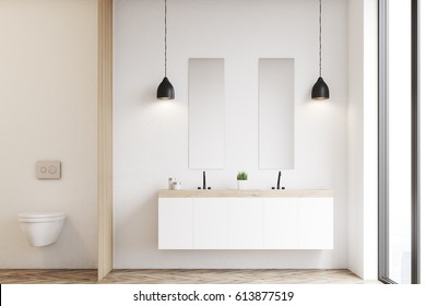 Front view of a modern beautiful bathroom with a toilet and a double sink. The wall is white. 3d rendering