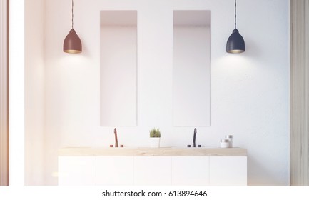 Front View Of A Modern Beautiful Bathroom With A Long White Double Sink. The Wall Is White. 3d Rendering, Toned Image