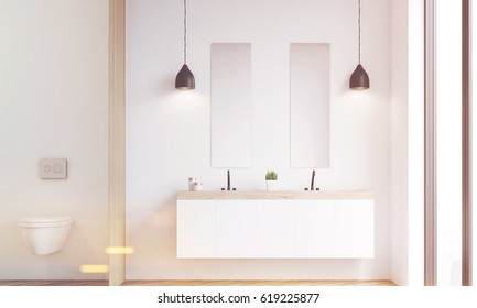 Front View Of A Modern Beautiful Bathroom With A Toilet And A Double Sink. The Wall Is White. 3d Rendering, Toned Image