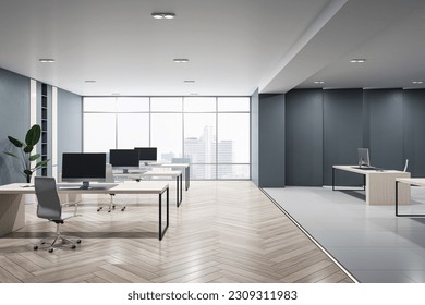 Front view of modern empty office interior with concrete floor, dark walls and desks with computers, window with city view and furniture. Business background and workspace concept, 3D Rendering