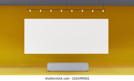 Front view of the modern exhibition hall with an empty banner with a bench. Gallery, advertisement, yellow presentation concept. Mockup, 3D Rendering