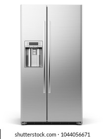 Front View Of Modern Side By Side Stainless Steel Refrigerator . Fridge Freezer Isolated On A White Background. 3d Rendering