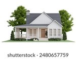 Front view of modern style small cottage house on the green lawn isolated on white background with clipping path 3d render There are white plank wall gray roof tile surrounded by nature