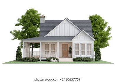 Front view of modern style small cottage house on the green lawn isolated on white background with clipping path 3d render There are white plank wall gray roof tile surrounded by nature