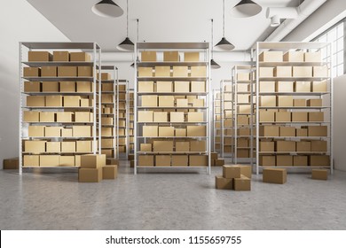 Front View Of A Modern Warehouse With Rows Of Shelves With Cardboard Boxes Standing On Them. Concept Of Logistics, International Shipping And Global Trade. 3d Rendering Mock Up