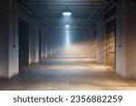 Front view of never-ending prison corridor. Surrounded by prison cells. Gloomy mood. Fog, rays, daylight. Walk through the gaol. Crime. Interrogation. Justice. Separated one person cells. Walk