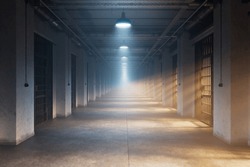 Front View Of Never-ending Prison Corridor. Surrounded By Prison Cells. Gloomy Mood. Fog, Rays, Daylight. Walk Through The Gaol. Crime. Interrogation. Justice. Separated One Person Cells. Walk