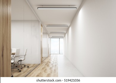 Front View Of Office Corridor With Large Blank Wall And Row Of Conference Rooms With Wooden Wall And Floor Decoration. 3d Rendering. Mock Up.