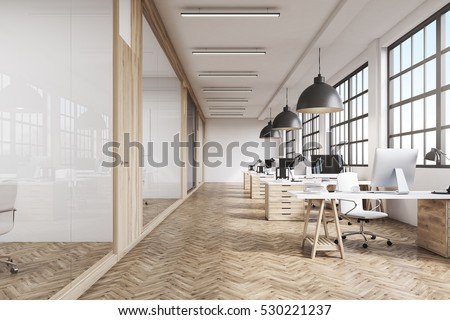 Front view of an office interior with a row of dark wood tables standing under large windows. Massive ceiling lamps. Computers. 3d rendering. 商業照片 © 