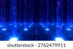 Front view on artificial intelligence microchip, central data processing unit on circuit board. Quantum computing core with data flow concept. Futuristic technology neural network. 3D Illustration