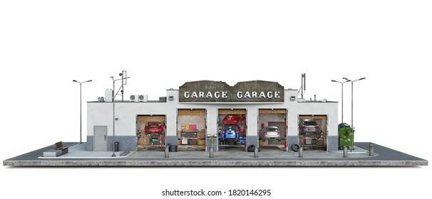 Front View On Auto Repair Building, 3d Illustration