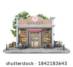 Front view on a bakery shop building on a piece of ground, 3d illustration