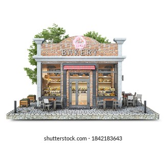 Front View On A Bakery Shop Building On A Piece Of Ground, 3d Illustration