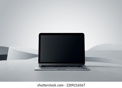 Front View On Blank Black Modern Laptop Monitor With Place For Your Logo Or Text On Abstract Light Grey Stylish Surface And Light Blank Background. 3D Rendering, Mockup