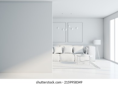 Vorderer Blick auf die leere helle Wand mit Kopienraum für Ihren Text in weißem Interieur Wohnzimmer mit hellgemütlichem Sofa, Lampe, Couchtisch und Sonnenlicht aus großen Fenstern. 3D-Rendering, Muster