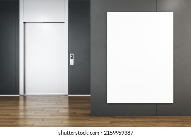 Front View auf weißem Plakat an dunkler Wand in leeren Business Center-Halle mit modernem weißem Aufzug und Parkettboden. 3D-Rendering, Muster