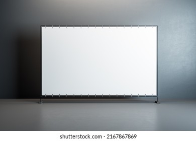 Front View On Blank White Billboard With Place For Your Text Or Logo In The Center Of Empty Room With Glossy Floor And Dark Grey Wall Background. 3D Rendering, Mockup