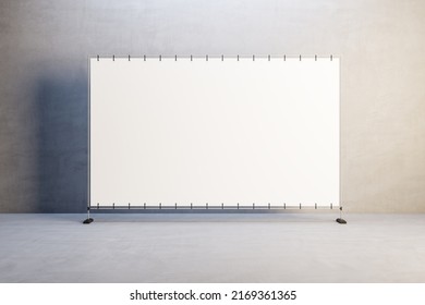 Front View On Blank White Billboard With Space For Your Text Or Logo In The Center Of Empty Room With Light Floor And Concrete Wall Background. 3D Rendering, Mockup