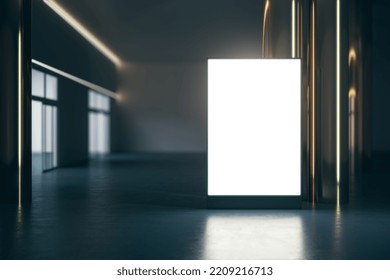 Front View On Blank White Backlit Poster With Space For Your Logo Or Text On Glossy Floor With Reflection On Dark Empty Room Background With Golden Pillars. 3D Rendering, Mock Up