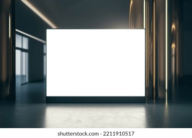 Front View On Blank White Illuminated Big Screen With Space For Your Logo Or Text Between Golden Pillars On Dark Empty Room Background. 3D Rendering, Mockup