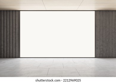 Front view on blank white glowing screen with place for your logo or text in empty spacious room with light wooden ceiling and grey concrete floor. 3D rendering, mock up