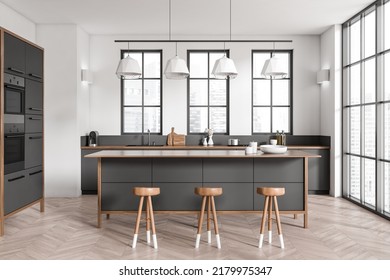 Front View On Bright Kitchen Room Interior With Cupboard, Island, Barstool, White Wall, Window With City View, Coffee Machine, Gas Cooker, Concrete Floor. Concept Of Minimalist Design. 3d Rendering