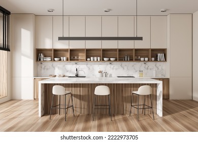 Front view on bright kitchen room interior with island with barstools, white wall, oak wooden hardwood floor, sink, shelves with books and glasses. Concept of minimalist design. 3d rendering