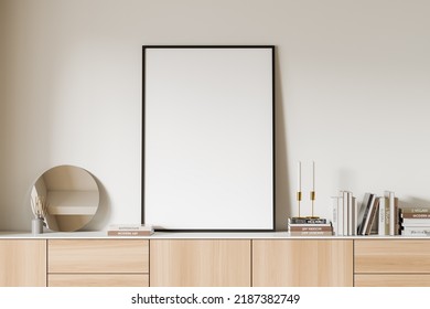 Front View On Bright Living Room Interior With Empty White Poster On Sideboard With Books And Round Mirror, Candles, White Wall. Concept Of Minimalist Design. Mockup. 3d Rendering