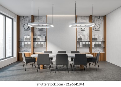 Front View On Bright Office Conference Room Interior With Meeting Board, Desk, Chairs, Panoramic Window, Marble Walls Concrete Floor. Time Zone Clocks. Concept Of International Coworking. 3d Rendering