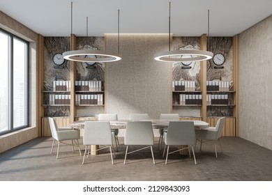 Front View On Bright Office Conference Room Interior With Meeting Board, Desk, Chairs, Panoramic Window, Marble Walls Concrete Floor. Time Zone Clocks. Concept Of International Coworking. 3d Rendering