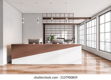 Front View On Bright Office Reception Room Interior With Panoramic Window With Singapore View, Partition And Oak Wooden Floor. Concept Of Place For Working Process And Meeting. 3d Rendering