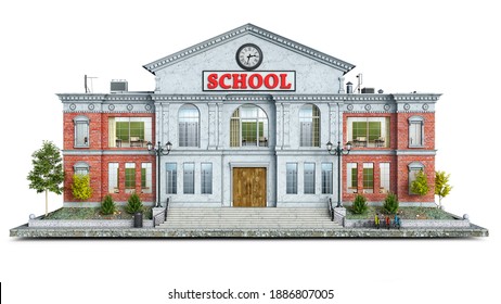Front view on a classical school building on a piece of ground, 3d illustration