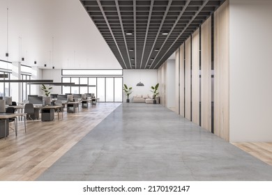 Front View On Concrete Floor Area In Modern Open Space Office With Lounge Sofa, Rows Of Work Places With Modern Computers And Wooden Decorated Walls. 3D Rendering