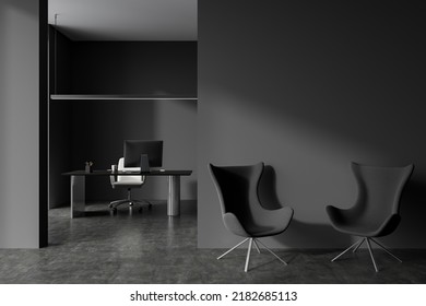 Front View On Dark Office Interior With Table With Desktop, Empty Grey Wall, Cozy Armchairs, Arch, Lamp And Concrete Floor. Concept Of Place For Working Process, Ceo, Director. 3d Rendering