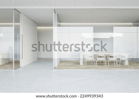 Front view on eco interior design meeting room with light conference table surrounded by chairs on wooden floor behind glass partition in light office space. 3D rendering