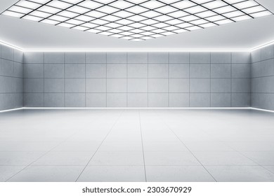 Front view on empty industrial style hall area with blank square printed light grey wall and concrete floor with space for car or your product presentation. 3D rendering, mockup