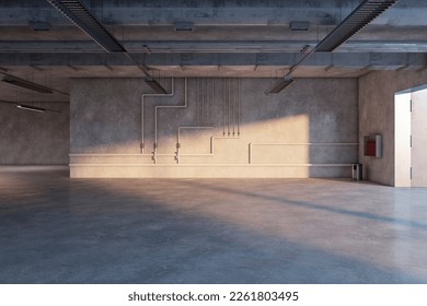 Front view on empty underground loft style hall good for car presentation with blank concrete floor and sunlit wall background. 3D rendering, mockup