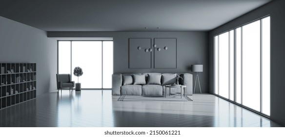 Front view on grey shades interior design in modern living room with big sofa under empty picture frames on the wall, huge window and book shelf on glossy wooden floor. 3D rendering