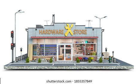 Front View On A Hardware Store Building On A Piece Of Ground, 3d Illustration