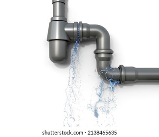 Front View On A Leaking Pvc Pipes And Elbow That Drop Water Down In The Places Of Pipes Connections, Isolated On White Background, Water Flow Concept, 3d Illustration