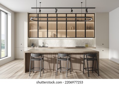 Front View On Modern Bright Kitchen Room Interior With Island With Barstools, Panoramic Window, Chairs, White Walls, Wooden Floor, Cupboards, Crockery, Lamp. Concept Of Minimalist Design. 3d Rendering