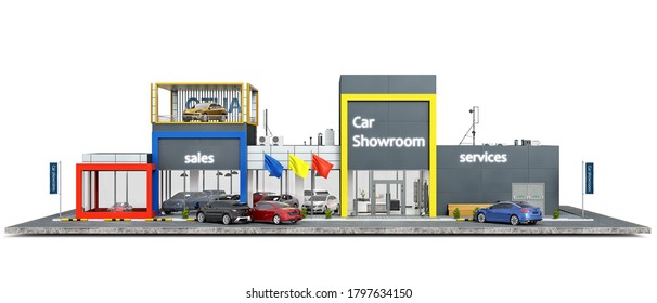 Front View On Modern Colorful Car Showroom On A Piece Of Ground, 3d Illustration